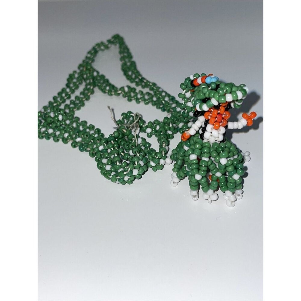 Vintage‎ Beaded Tiny Doll Woman Pendant Necklace Green White Seed Beads Handmade